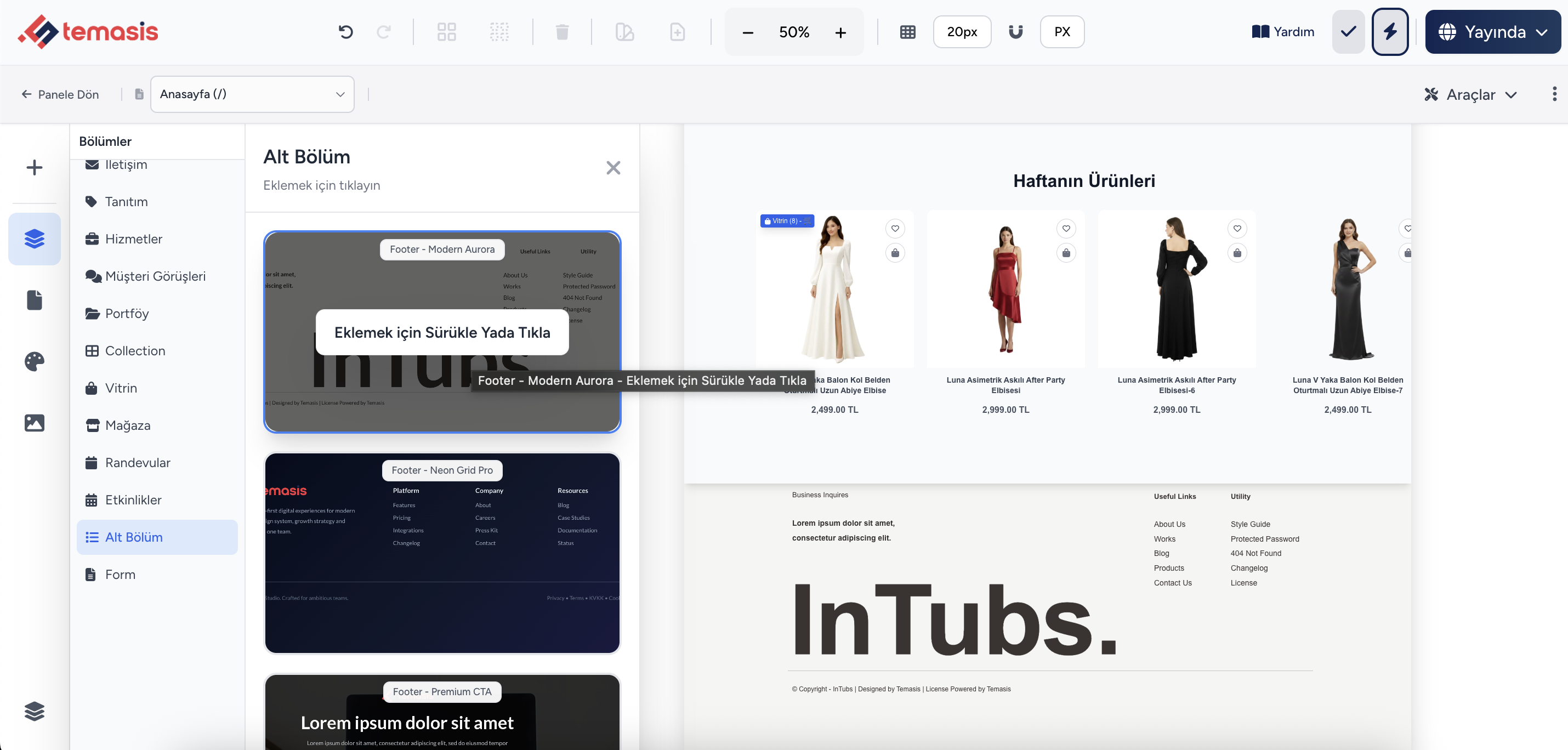 Temasis düzenleyici — adım 7: Modern Aurora footer canvas’ta; vitrin ve telif satırı birlikte.