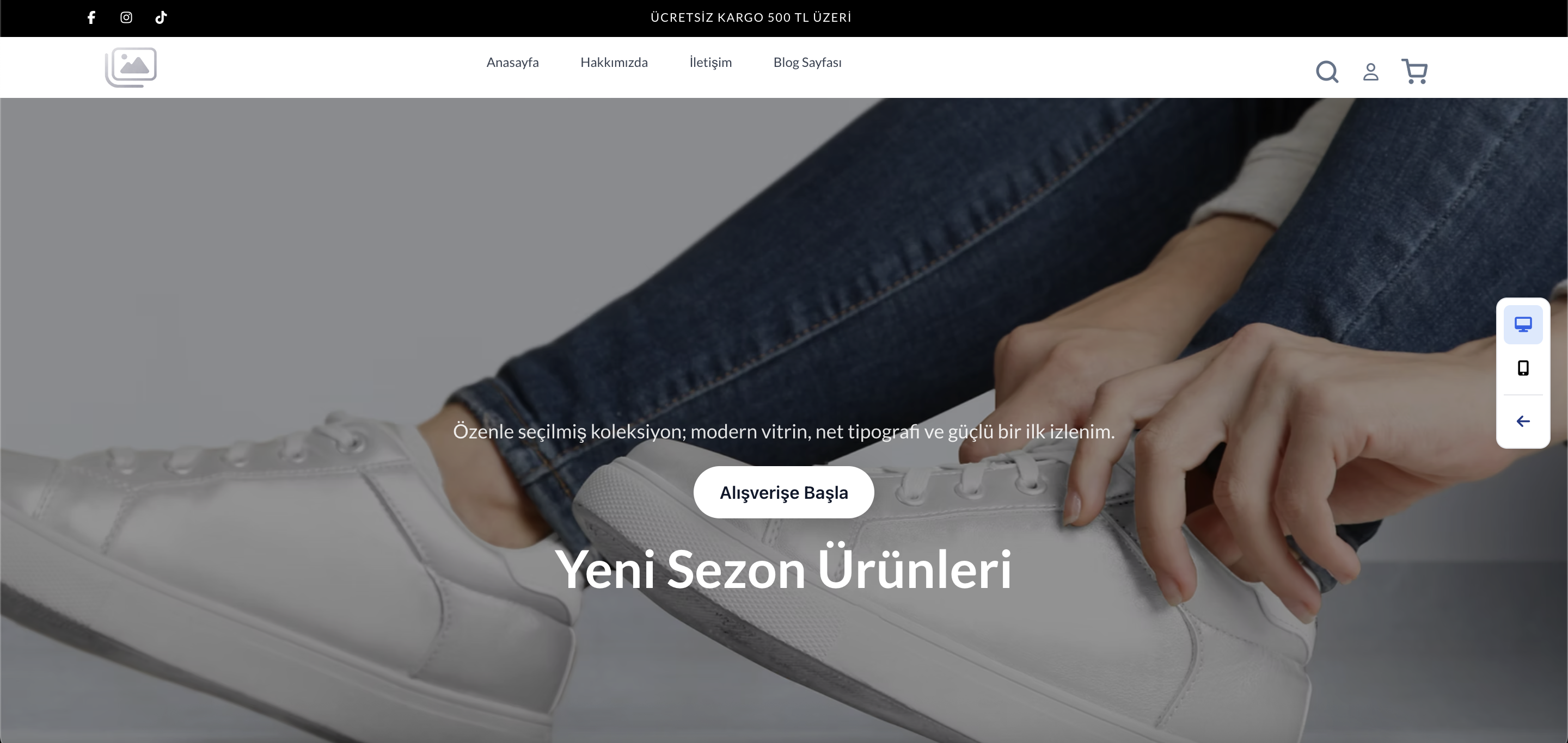 Temasis düzenleyici — adım 9: masaüstü önizleme; temiz vitrin, sağda cihaz seçici ve düzenleyiciye dön ok.